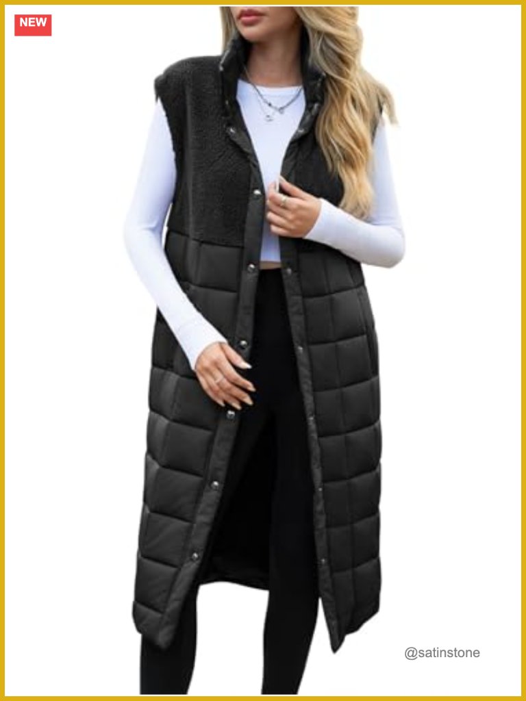 Women's Long Puffer Vest Fleece Jacket Button Down Sleeveless Coats